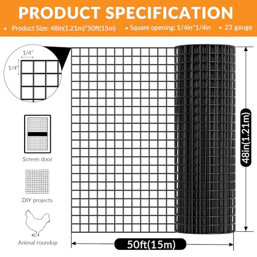 Black PVC Coated Chicken Wire Fencing, 1/4 Inch Mesh, 48 Inch x 50 Foot, 23 GA Welded Wire Hardware Cloth Roll, Heavy Duty Farm & Ranch Garden Border Fence, Tree Guard, Poultry Netting, Animal Barrier - size: 48inx50ft 1/4inch