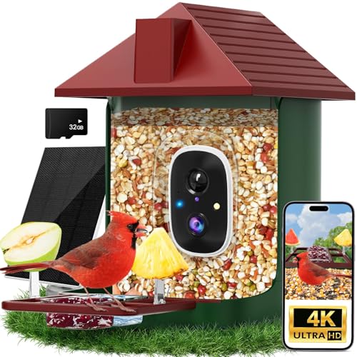 Smart Bird Feeder with Camera,5200mAh Battery with Solar Panel, 4K Native Resolution Live View, AI Species Identification, Auto Capture & Instant Arrival Alert, Ideal Gift for Bird Lovers (Red Green) - color: Green