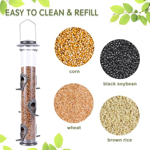 Metal Bird Feeder Tube Hanging Wild Bird Seed Feeder Aluminum Six Port Bird Feeders,1.4 mm Extra Thick Solid Tube Transparent with Steel Hanger Great for Attracting Birds (Grey 2PK) - color: Grey 2PK