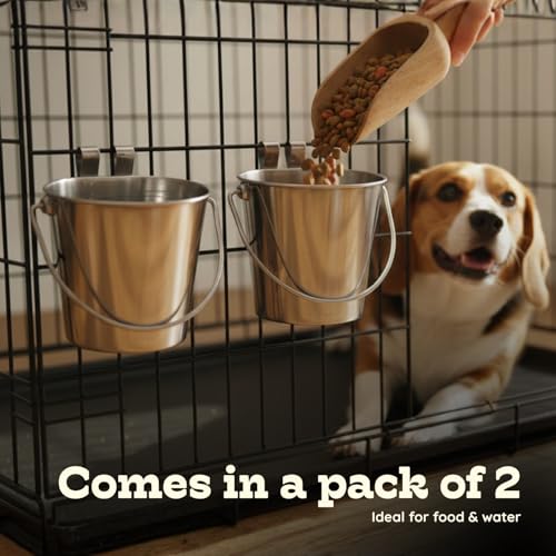 6 Quart Stainless Steel Flat Sided Bucket with Dual Hooks | 2 Pcs Food & Water Bowl for XL Dog Goat Cattle Horse & Livestock | Fits kennel Crate Cages Farm Hanging Pet Pail | Multipurpose - size: 6 Quart (Pack of 2)