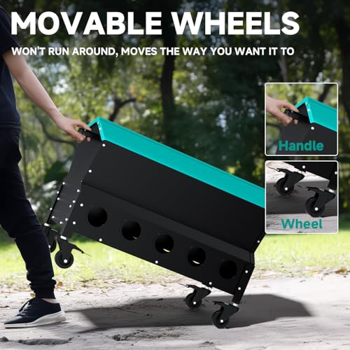 Heavy Duty Chicken Feeder 120 lbs Large Capacity, Metal Automatic Poultry Feeding Box with Waterproof Lid, Raised Standing Feeder with Wheels for Hens & Roosters, Portable & Easy to Move