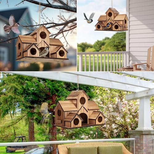 Bird Houses for Outside, 5-Hole Wooden Birdhouse for Bluebirds Finch Swallow Wren Chickadee Hummingbird, Hanging Bird House for Outdoor Clearance Garden Courtyard