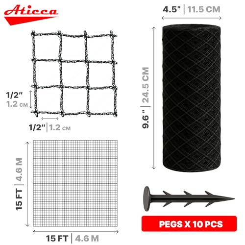 ATICCA Heavy Duty Bird Netting for Garden Protection & Fruit Trees, 15x15 Ft with 10 Stakes – Black Anti-Bird Net for Poultry, Deer, & Squirrel Protection, Durable Mesh for Garden and Yard Use - size: 15x15 Bird Netting