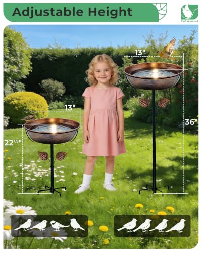 13" Metal Bird Bath for Outside 3" Deep Removable Bowl with Stake | Easy Cleaning, Weather Resistant, 5-Prong Stability, Adjustable Height, 1.4 Gal Capacity, Bird Lover Gift - size: 13 "diameter, 3" depth