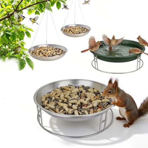 Ground Bird Feeder & Bath Station Set, Dual Size Stainless Steel Feeding Platform for Wild Birds, Squirrels, with Additional Bird Seed Mesh Trays, Outdoor Backyard Multi-Purpose Hanging Feeder - color: bird feeder & bath set