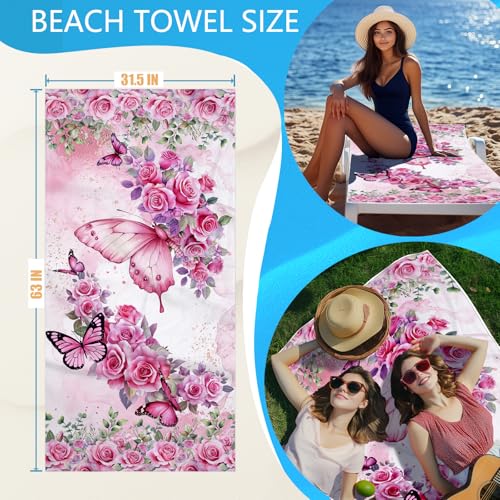 Pink Butterfly Beach Towel Bag - Summer Multi-Functional Microfiber Picnic Blanket Flower Printed Drawstring Bag for Travel - color: Love Butterfly Pink