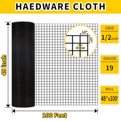 Hardware Cloth, 1/2 inch 48" x 100' Galvanized Chicken Wire Fence, 19 Gauge Vinyl Coated Wire Mesh Roll, Black Welded Wire Fencing Roll Gopher Wire Mesh Roll for Garden Fencing Rabbit Snake Wire - color: 48" x 100' Black