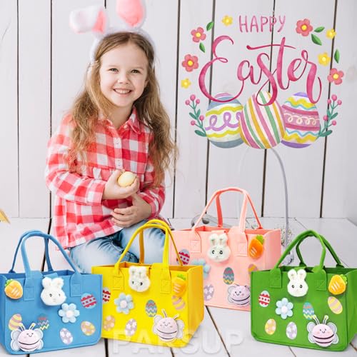 PARSUP 4PCS Easter Egg Hunt Bags Happy Easter Bunny Gift Bags with Handles, Easter Treat Bags, Felt Easter Bags for Gifts Wrapping, Egg Hunt Game, Easter Party Supplies, 12" x7.8" x6.8"