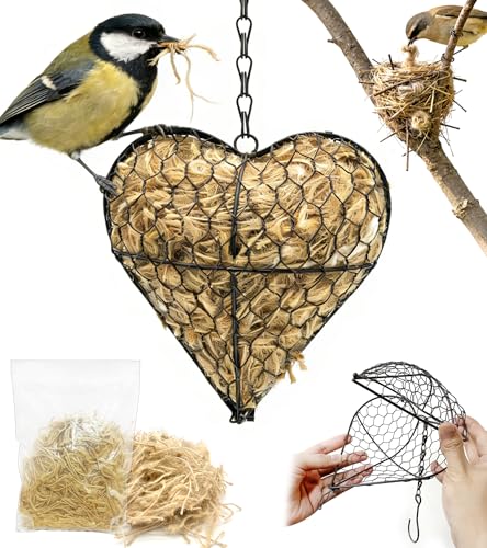 Bird Nesting Heart with Natural Fibers, Refillable Material Holder | For hummingbirds, outdoor garden art decor, gift for bird lovers