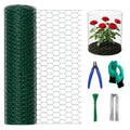 16in x 16.4ft PVC Coated Chicken Wire Mesh Fence | Garden Fencing Cages & Plant Protectors from Animals Kit with 50 Zip Ties, 15 U-Stakes, Gloves & Pliers for Outdoor Plants - size: 16.4Ft x 16In