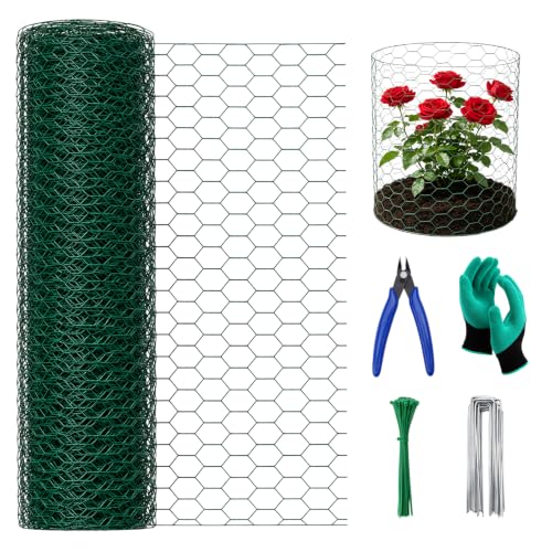 16in x 16.4ft PVC Coated Chicken Wire Mesh Fence | Garden Fencing Cages & Plant Protectors from Animals Kit with 50 Zip Ties, 15 U-Stakes, Gloves & Pliers for Outdoor Plants - size: 16.4Ft x 16In