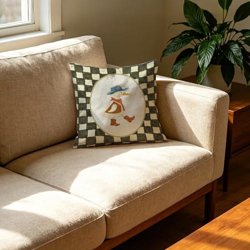 Western Cowboy Goose Nursery Pillow Cover 18x18, Whimsical Farmhouse Country Wild West Goose Retro Checkered Decorative Throw Pillow Cover for Home Nursery Kids Room Bedroom