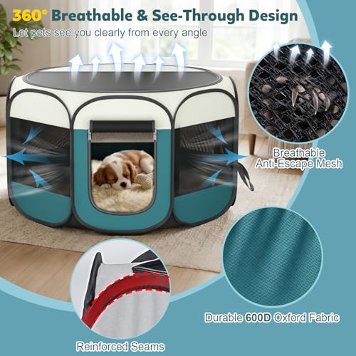 Portable Pet Playpen for Cat Dog: Foldable Cat Play Pen Enclosed Pet 20lbs | Medium 600D Oxford Mesh Small Puppy Kitten Pop Up Kennel Collapsible Carry Bag Waterproof Base Indoor Outdoor Travel Camping - style: M [35.8" × 35.8" × 22.8"]