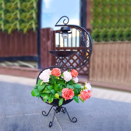 Bird Baths for Outside with Solar Lights, 36" Black Metal Birdbaths for Outdoors, Antique Bird Feeders with Flower Planter Pedestal for Garden, Yard, Patio Decor - color: Black