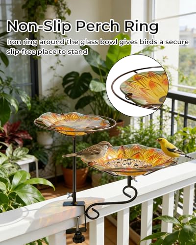 Glass Deck Mounted Bird Bath with Feeder for Balcony Yellow | Adjustable Clamp Fits Various Railings, 11" Bowl for Bird Lovers on Patios & Small Outdoor Spaces, Easy Setup, Great Gift