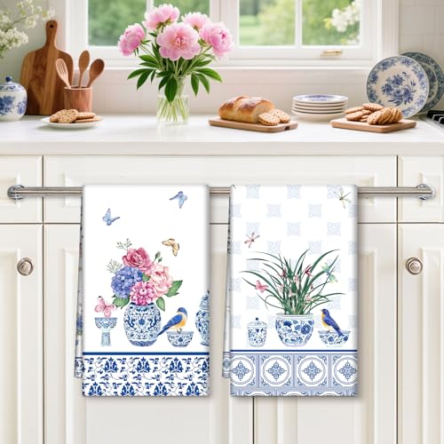 Blue and White Porcelain Tea Towel, Cotton Kitchen Towel, Set of 4 | 18.9 x 27.5 in / 48 x 70 cm, Lightweight Woven Dish Cloth with Blue And White Porcelain Print for Kitchen Decor - color: Blue and White Porcelain