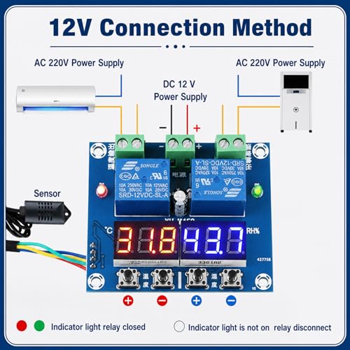 2-Pack XH-M452 Humidity Controller Digital Thermostat, Dual Relay 10A | DC 12V, LED display, independent heating and humidity control, for furnace, humidifier, and incubation projects