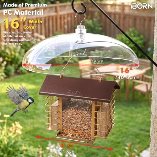 iBorn Bird Feeder Rain Guard, 16" Dome Weatherproof Cover,PC Clear 1Pk | High Hardness Polycarbonate(PC), Chew Resistant, Rainproof, Leakproof, Clear Viewing,Durable for Outdoor