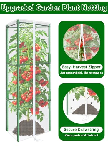 61x16.1 in Garden Tomato Plant Cover Netting for Tomato Cage | 2 Pack Durable Garden Bird Netting with Zipper & Drawstring, 61 x 16.1 In, Insect Barrier, Plant Covers from Insects Animals - size: 61inch