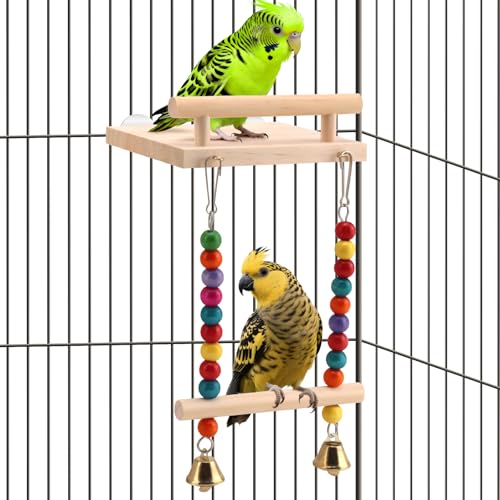 Natural Wood Bird Swing & Perch Platform for Cage | Fits Small Parrots (Budgies, Cockatiels) | Multi-Level Habitat Gym for Swaying & Hopping | Tool-Free Mount