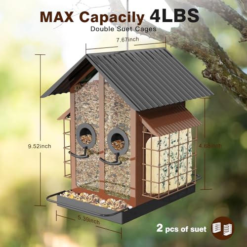 FlowaFoli Bird Feeders for Outdoors, Metal Bird Feeder with Double Suet Cage Weatherproof Metal Roof, 2 in 1 Mixed Seeds Suet Feeder, 4Lbs Large Capacity, Great for Finch、Cardinal、Chickadee（Brown） - color: Brown