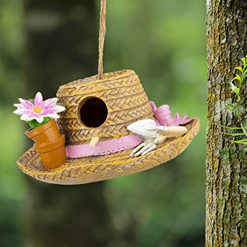 Yinns Birdhouse Hanging Decorative Bird House for Outside Garden Decor, Hat | Hanging Decorative Straw Hat Bird House Home Patio Garden Decor for Humming Bird, Bluebird, Wren Nesting - color: C-Straw Hat