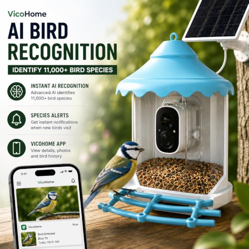 VicoHome N002 Bird Feeder with Camera - AI Bird Recognition, Solar Powered Outdoor Birdhouse Cam with Night Vision, Motion Alerts, App Control, Cloud & SD Storage, IP65 Waterproof, 2K HD Live View