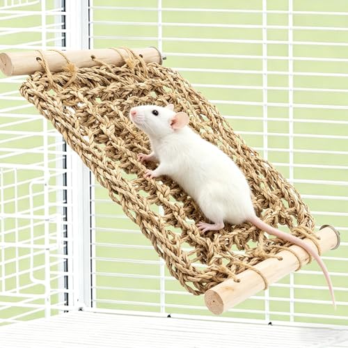 Rat Climbing Toys for Cage, Chewable Natural Hand-Woven Net Seagrass Mat, Cage Ladder Perch for Rats, Rat Ladder Bridge Toy with Mild Grassy Scent, Rodent Hammock Cage Accessories