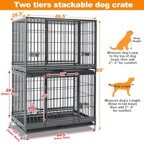 Homey Pet Two Tiers Heavy Duty Dog Crates for Large Dogs, 8 Pack | 47 Inch Stackable Large Dog Crate Cage with 4 Wheels, 2 Removable Trays and Grids, Multi Locks Strong & Solid Escape Proof - size: 47"L-2 Tiers-8P