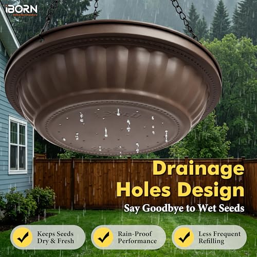 iBorn Hanging Bird Feeder Tray, 2.5LB All Metal Wild Bird Feeder for Outdoor Backyard Garden, Squirrel Chew Proof and Rust Resistant Feeder Bowl with Drainage Holes, Bronze, Pack of 1