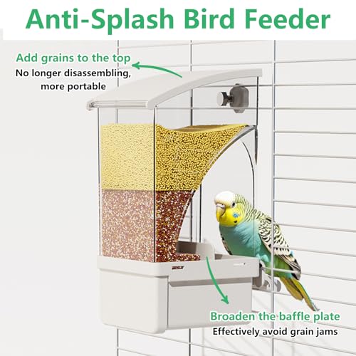 Hamiledyi Automatic Bird Feeder No Mess Bird Cage Feeder Transparent Acrylic Parrot Seed Food Container with Perch Cage Accessories for Parakeet Finch Lovebirds Budgies Canary (White) - color: White Transparent