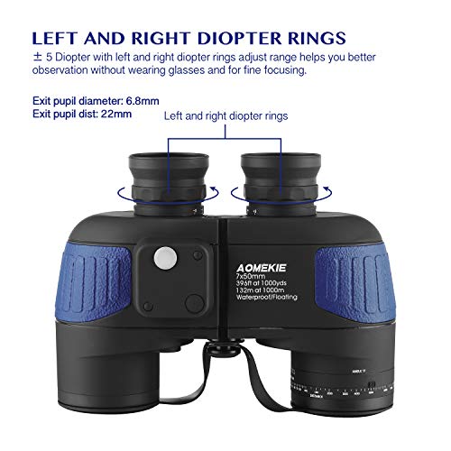 AOMEKIE 7x50 Waterproof Marine Binoculars for Adults with Rangefinder Compass BAK4 Prism FMC Lens for Birdwatching Hunting Boating Fishing Water Sports(Blue) - color: Blue