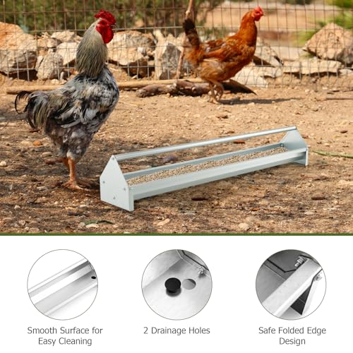 GIANTEX Chicken Feeding Trough 45" Long - Heavy Duty Galvanized Steel Chicken Feeder with Crossbar, Drainage Holes, Large Capacity Poultry Feeder Trough for Duck Geese Turkey Pigeon, Easy to Clean