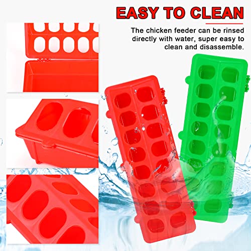 4 Pcs Plastic Flip Top Quail Feeder, Red, Green | Small Plastic Chicken Feeder, Quail Pigeon Duckling Drinker, No Mess No Waste, Multihole Birds Feeding Dish Dispense