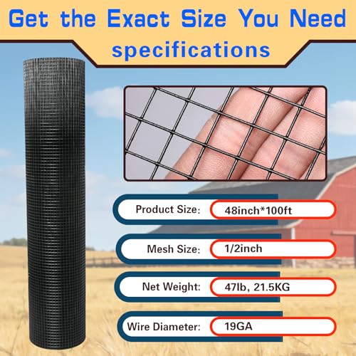 Black Hardware Cloth 1/2in 48inx100ft, Chicken Wire Fencing, PVC Coated Metal Welded Wire Mesh Roll, for Rabbit Snake Groundhog Gopher Netting Cage Vegetable Garden Fence Animal Barrier - color: Black, size: 1/2in 48in×100ft