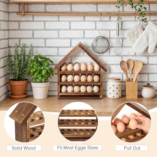 Wooden House Egg Holder Countertop,36 Hole,No Door,Brown | 3 Tier, Pull out Fresh Egg Storage, Eggs Racks Basket, Counter Egg Organizer, Farmhouse Kitchen Deocrations Gift - color: Brown, size: 36 Hole, style: No Door