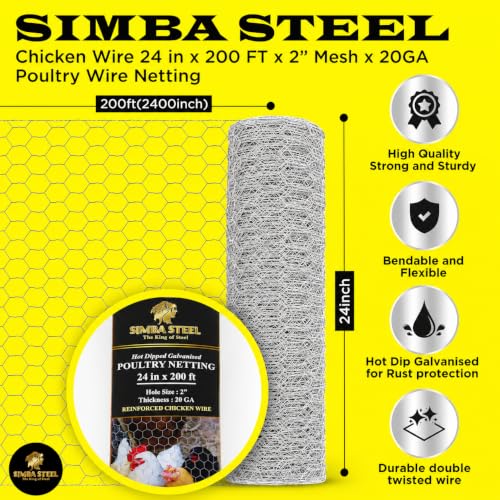 Chicken Wire 24 in x 200 FT x 2” Mesh x 20GA | Poultry Wire Netting | Hot Dipped Galvanized | Chicken Coop, Rabbit Cage, Fence Barrier (24 x 200 x 2) - style: 24 in x 200 FT x 2 in
