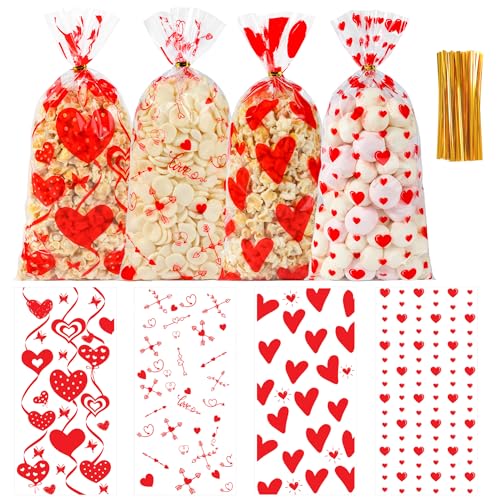 Soarvita 100PCS Valentine Goodie Bags – 5 x 11 Inch Red Heart Valentine Cellophane Treat Bags with 110 Twist Ties, Valentine's Day Candy Bags for Kids Classroom Exchange, Cookies, Gifts & Party Favors - color: Valentines-100pcs