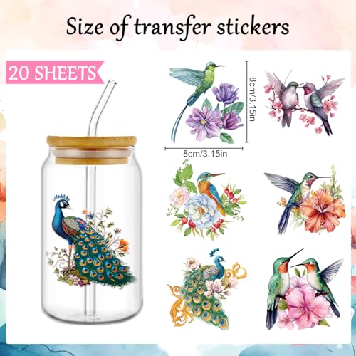 Rngmsi Vintage UV DTF Cup Wrap - 20 Sheets Flower Bird UV DTF Cup Wraps for 16 oz Cardinal Dragonfly Bee UVDTF Decals for Glass Waterproof Nature Rub on Transfer Stickers DIY Crafts - style: Flower Bird