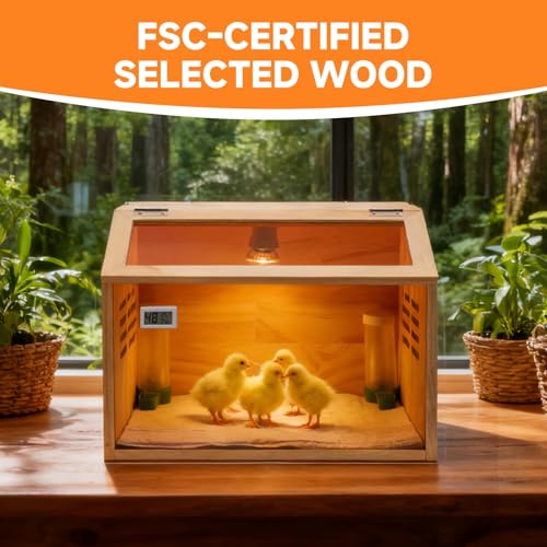 Wooden Chick Brooder Box with Heat Lamp and Thermometer, 15.7 x 12 x 12 in | Thick wood construction with pre-drilled holes suitable for chicks, ducklings, quail, hamsters small animals - size: Small(15.7x12x12 in)