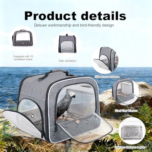 Large Bird Carrier Cage, Portable Travel Carrier Bag with Standing Perches Metal Tray and Grate (Grey, Large Carrier) - color: Grey