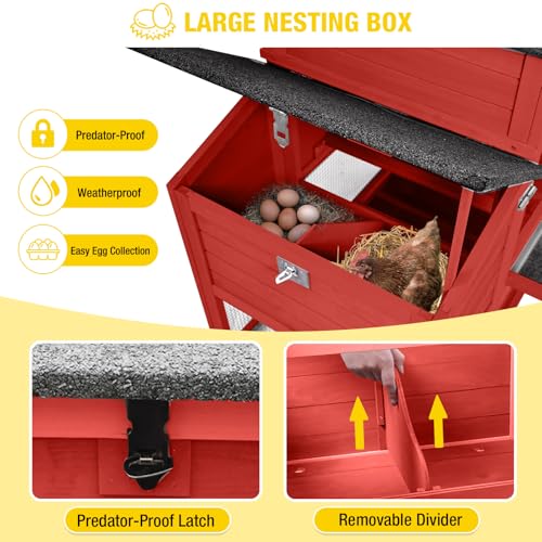 Aivituvin Large Chicken Coop with Wheels, Outdoor Hen House Mobile Poultry Cage with Run, Weatherproof Asphalt Roof, Sectionable Nesting Box, Leakproof Pull-Out Tray for 4-6 Chickens - Red
