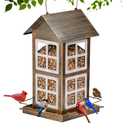 Bird Feeder, Waterproof Bird Feeders for Outdoor Hanging | Heavy Duty Metal, 6LB Large Capacity, 4 Perches, Drain Holes, For Outside Garden Yard Country Hanging, House Shape - size: Vertical
