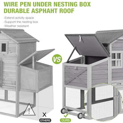 GUTINNEEN Mobile Chicken Coop for 2-4 Chickens with Wheels, Expandable Large Hen House with Run, UV-Protected Roof, Divided Nesting Boxes, Easy One-Person Move, Grey - color: Grey, size: 65.2"L x 26.4"W x 47.6"H