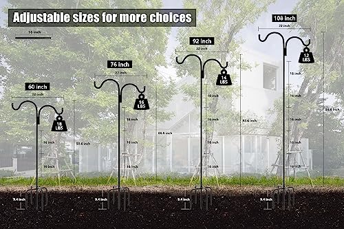 Gtongoko Double Shepherds Hook for Outdoor, 60 Inch Bird Feeder Pole with 5 Prongs Base, 5/8 Inch Thick Heavy Duty Adjustable Garden Hook for Hanging Plant, Lantern, Hummingbird Feeder, 1 Pack - size: 60 Inch
