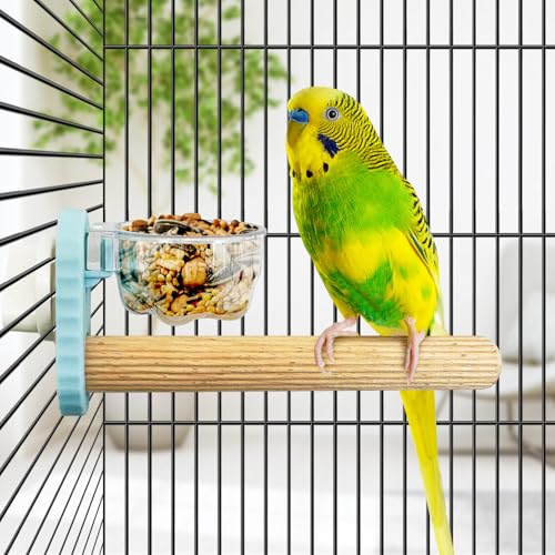 Kathson 3Pcs Bird Perch Feeding Cup Natural Wood Perches with Removable Bird Feeder for Cage Parrot Stand for Parakeets, Budgies, Cockatiels,Parrots, Birds Chewing Stick (Blue) - color: Blue