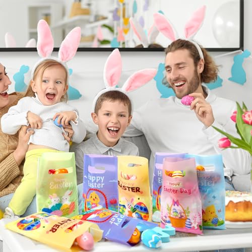 Fulmoon 500 Pieces Easter Plastic Gift Bags Bulk Easter Day Merchandise Bags with Handles Easter Party Favor Bags Rabbit Goodies Bags for Easter Party Favors Decoration