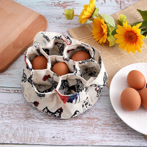 JJUNW 1 Pc Egg Collection Basket, Farmhouse Chicken Egg Holder with 7 Bags, Handheld Egg Purse Egg Basket for Collecting Fresh Eggs, Housewife Garden Transport Storage(Beige Chicken)