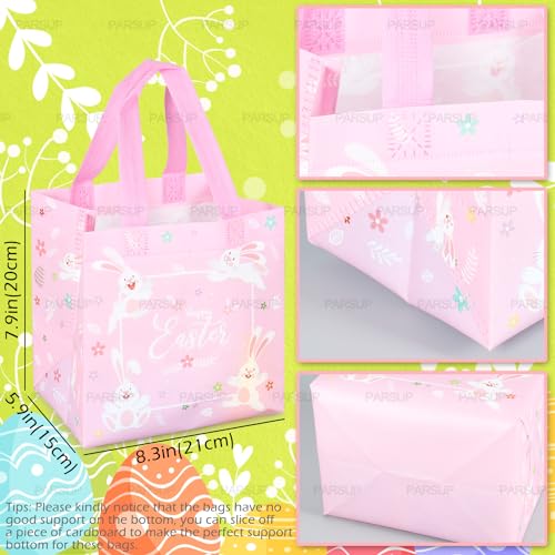 PARSUP 8PCS Happy Easter Bags Bunny Carrot Chick Egg Treat Gift Non-Woven Bags with Handles for Gifts Wrapping, Egg Hunt, Easter Party Supplies, 8.3×7.9×5.9inch - color: Green Pink Orange Blue