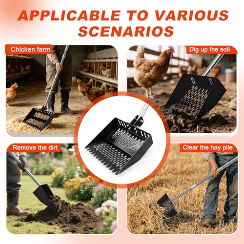 12inch Width Heavy Duty 2-in-1 Chicken Poop Scooper & Rake, Stainless Steel Chicken Coop Litter Sifting Shovel with Ergonomic Grip & Adjustable Angle, Sand Scoop for Coop, 37-54 Inch (12inch)
